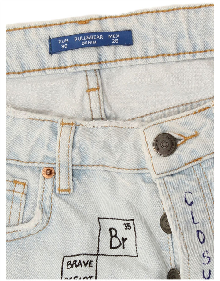 Pull & Bear Short en jean graphique vieilli pour femme EU 36 XS W26 Bleu