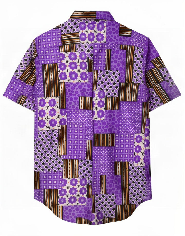 Chemise à manches courtes femme vintage UK 14 Grand Patchwork Violet