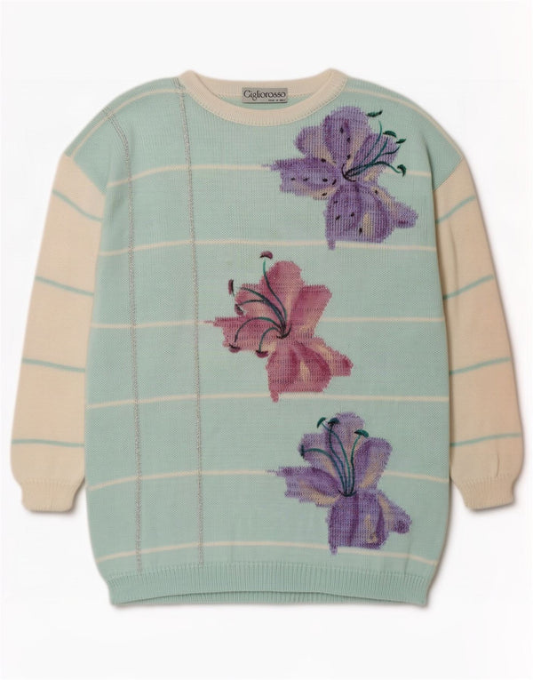 vintage Womens Boat Neck Jumper Sweater UK 16 Grand Bleu Floral Polyacrylique