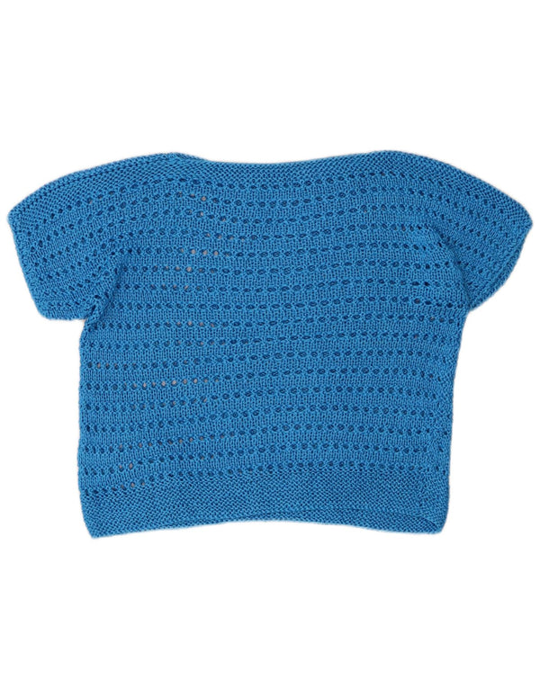 vintage Femmes Manches Courtes Bateau Cou Jumper Pull UK 14 Bleu Moyen