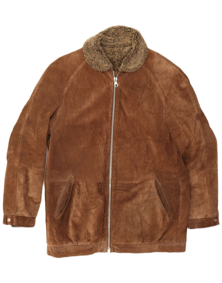 veste en peau de mouton en daim vintage pour hommes UK 38 Cuir brun moyen
