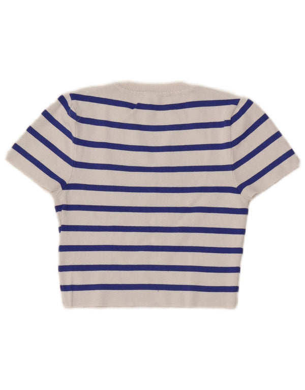 Zara Womens Crop T-Shirt Top UK 12 Medium Blanc Rayé Viscose