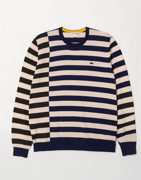 Lacoste Mens Crew Neck Jumper Pull Taille 8 3XL Bleu Marine Rayé Coton