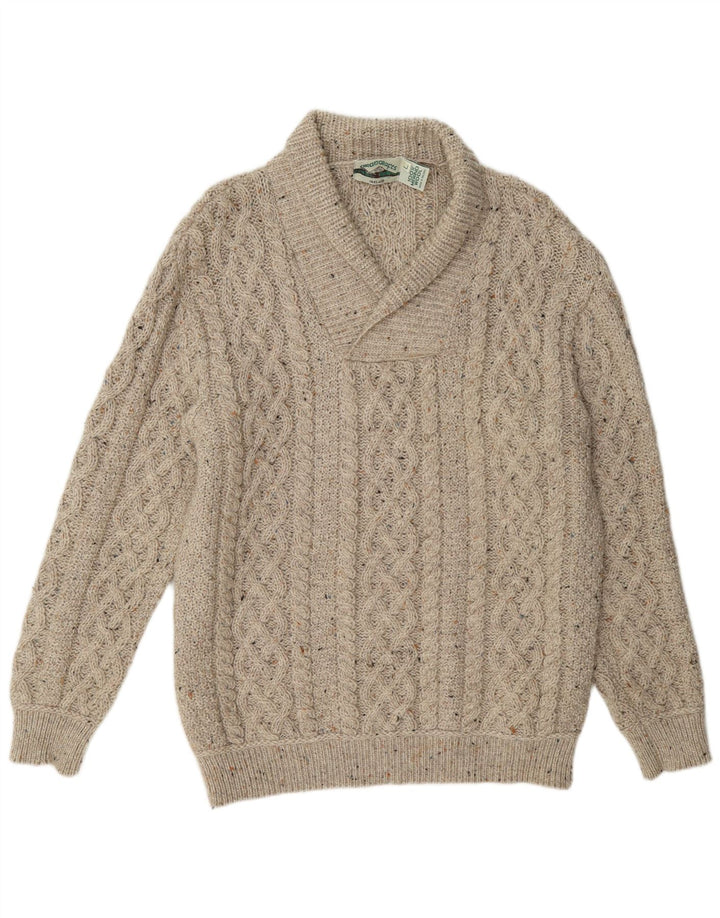 Aran Crafts Pull à col châle pour homme en laine mouchetée beige