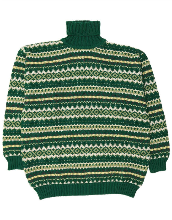 vintage Mens Roll Neck Jumper Pull XL Vert Fair Isle Laine