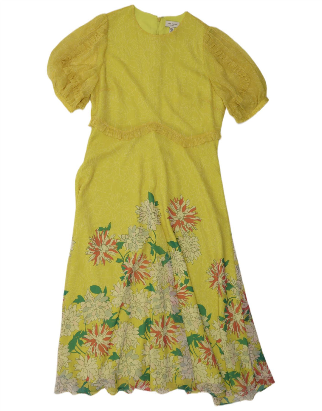 TED BAKER Robe trapèze à volants pour femme Taille 4 Grand jaune floral en polyester