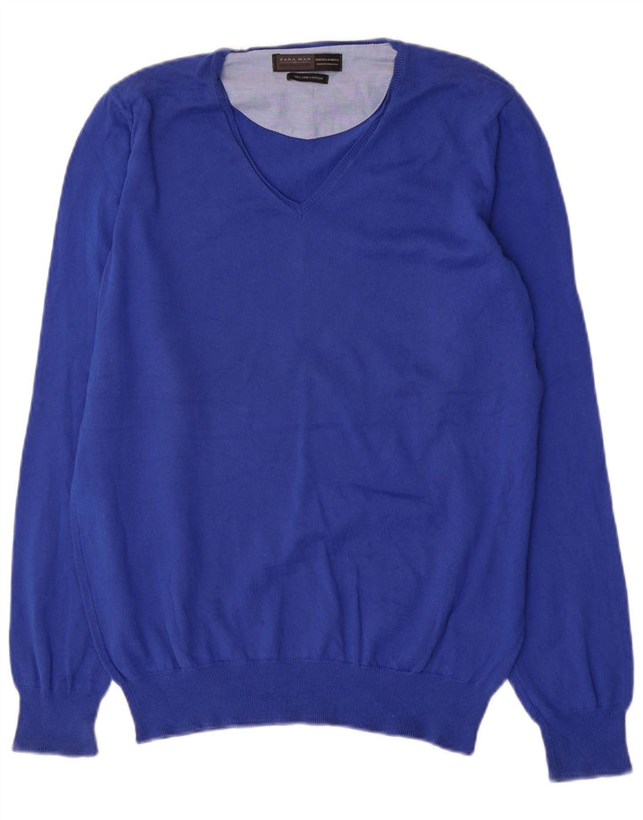 Zara Pull Col V Homme Bleu Moyen Coton