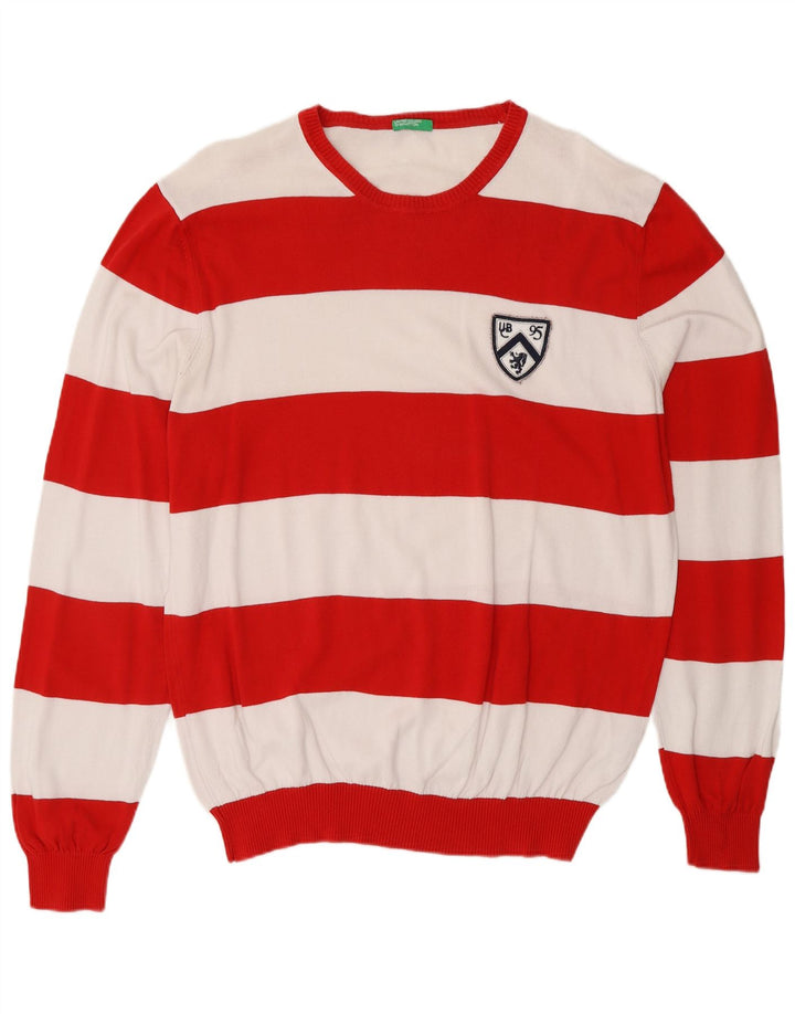 BENETTON Pull col rond homme XL coton rayé rouge