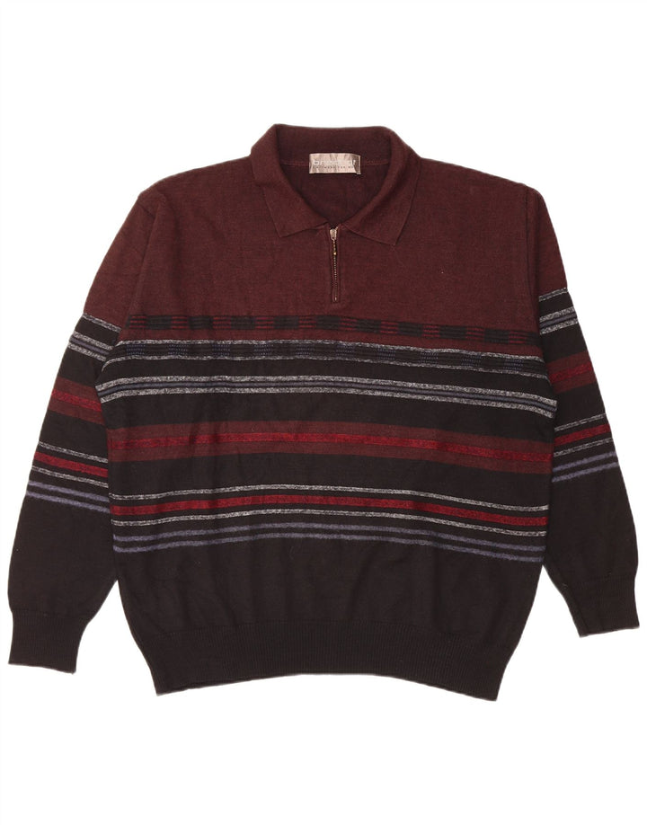 BREIDHOF Pull à col polo pour homme en laine rayée bordeaux