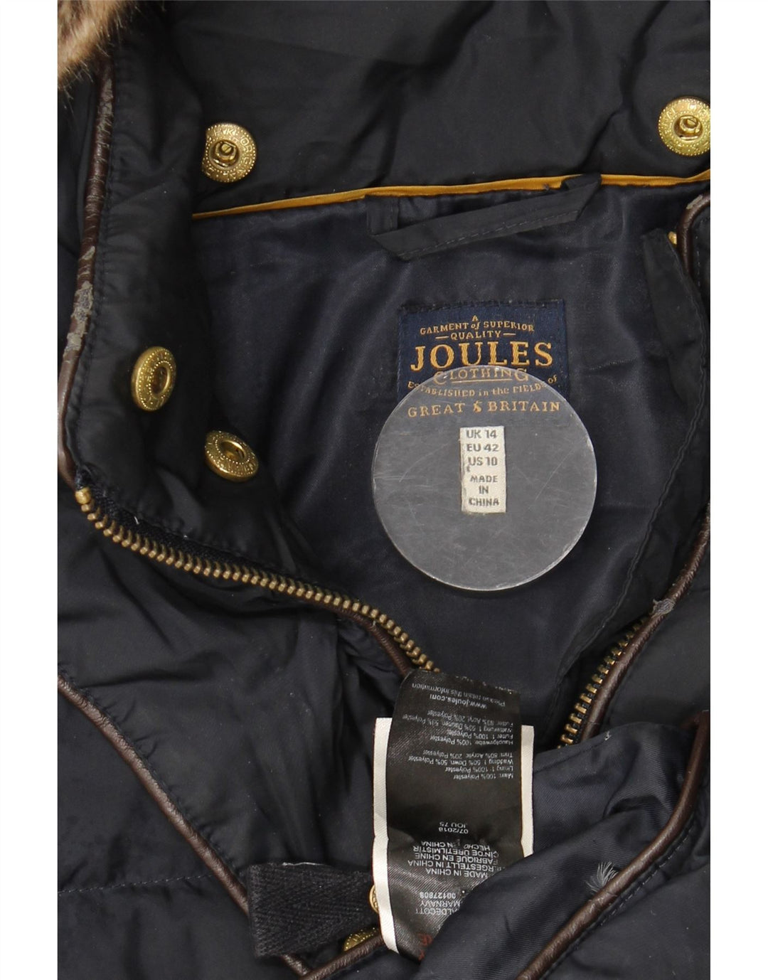 Joules Veste matelassée à capuche pour femme UK 14 Large Bleu Marine Polyester