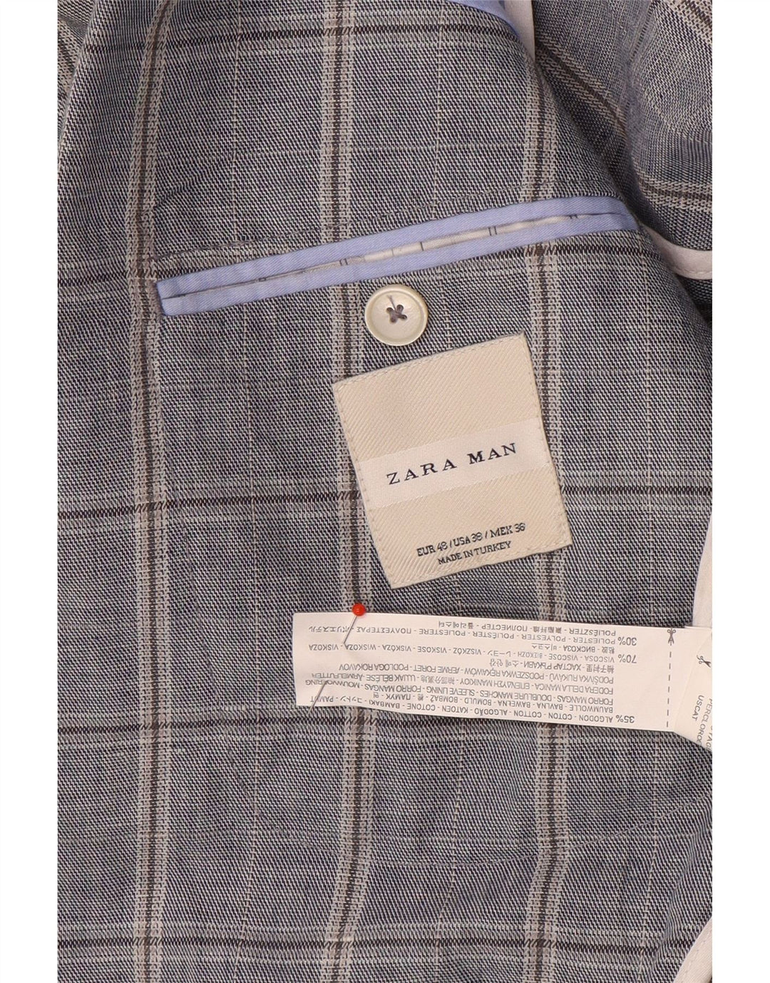 Zara Veste blazer à double boutonnage pour homme EU 48 Bleu marine moyen à carreaux en coton