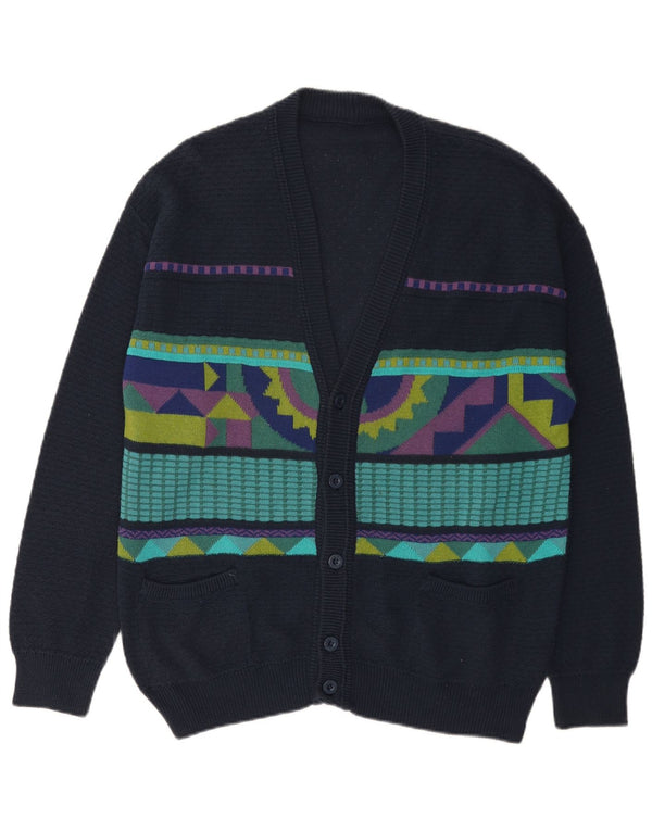 vintage Mens Cardigan Sweater Grand Bleu Marine Géométrique Coton
