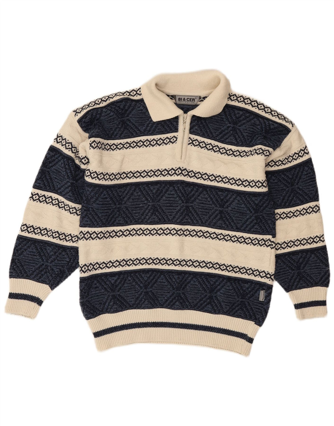 VINTAGE Pull col polo pour homme en coton Fair Isle bleu marine moyen