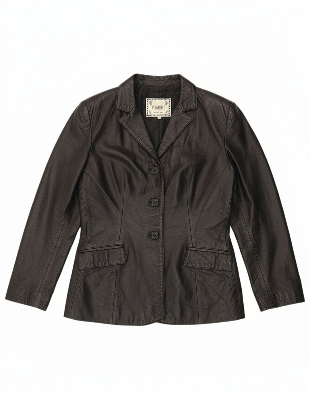 VINTAGE Womens 3 Button Leather Blazer Jacket UK 12 Medium Black Leather