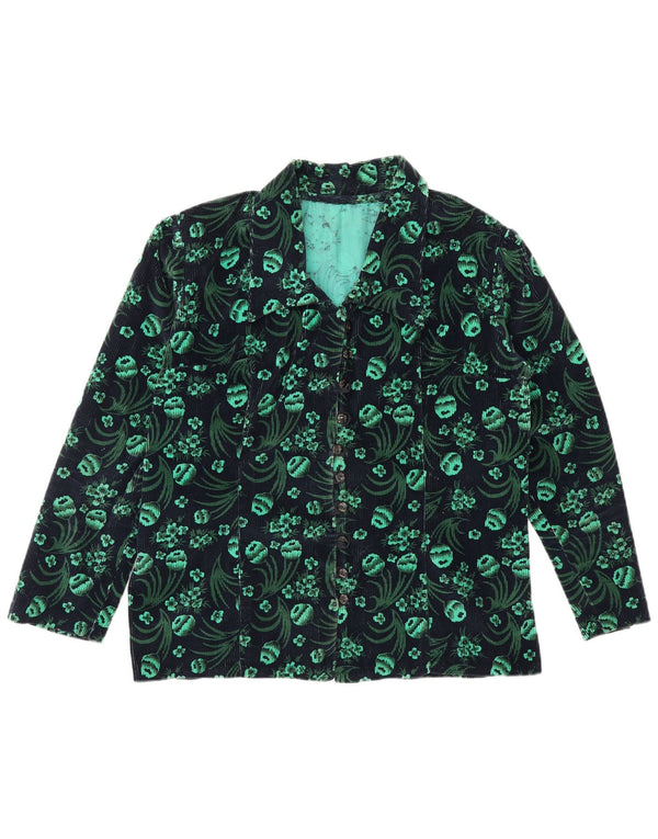 vintage Femme Corduroy Chemise Blouse UK 14 Moyen Vert Floral