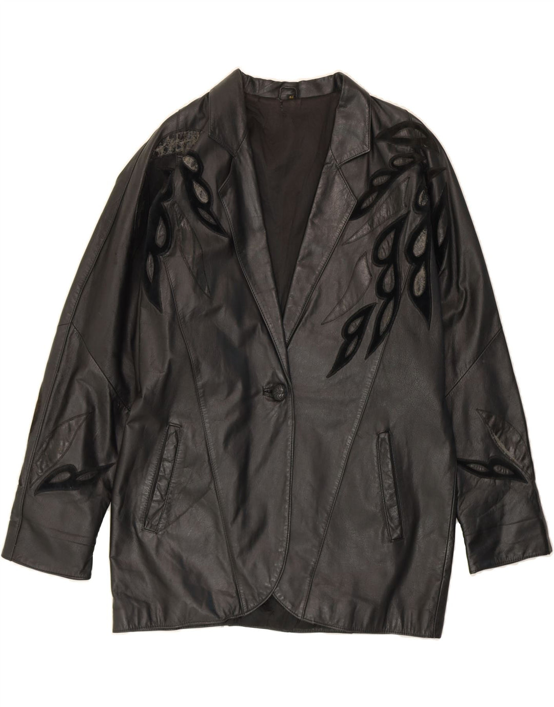 VINTAGE Womens Abstract Pattern Leather Coat EU 42 Large Black Leather Vintage Vintage and Second-Hand Vintage from Messina Hembry 