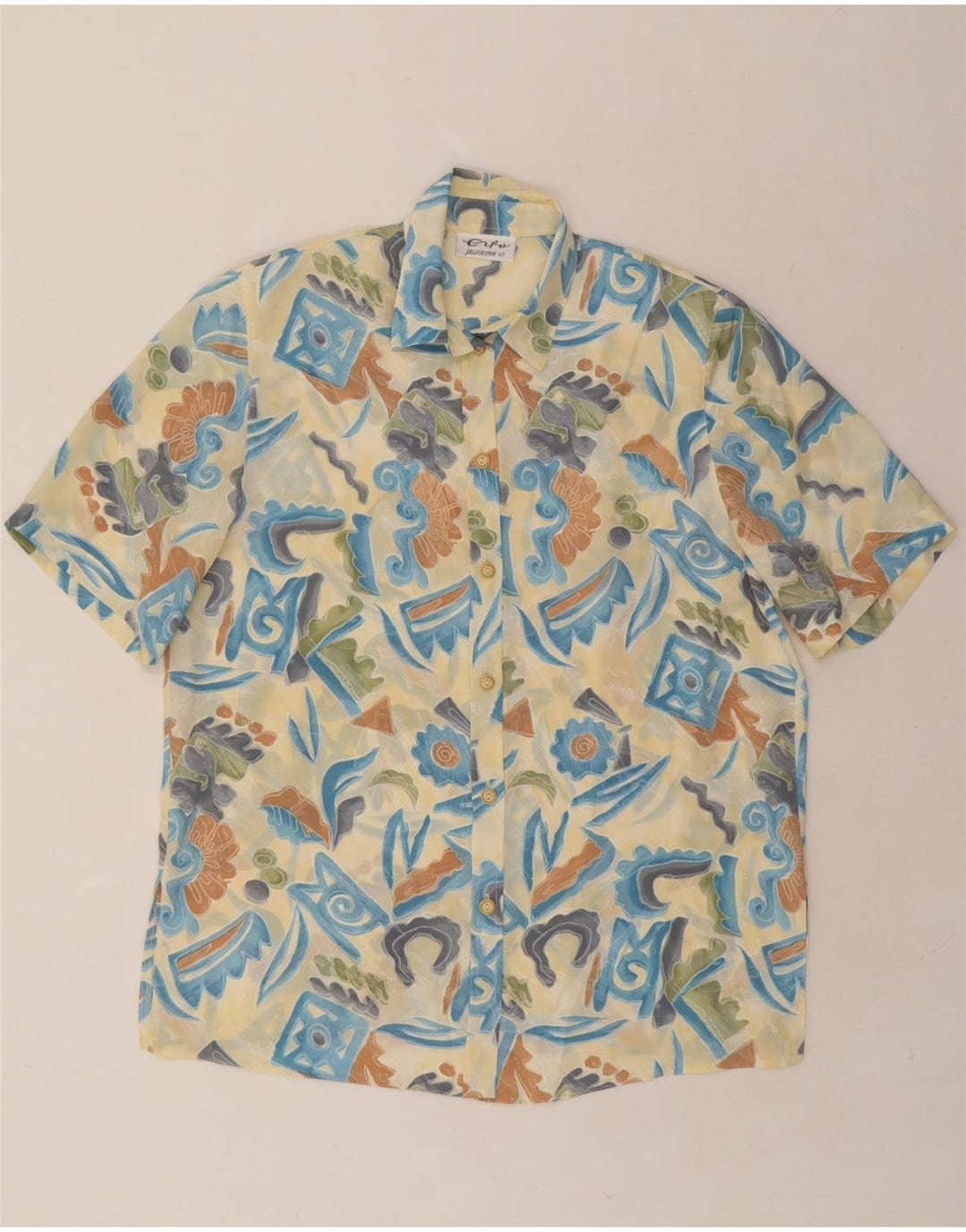 ERTO Womens Abstract Pattern Short Sleeve Shirt Blouse EU 42 Large Beige Vintage Erto and Second-Hand Erto from Messina Hembry 