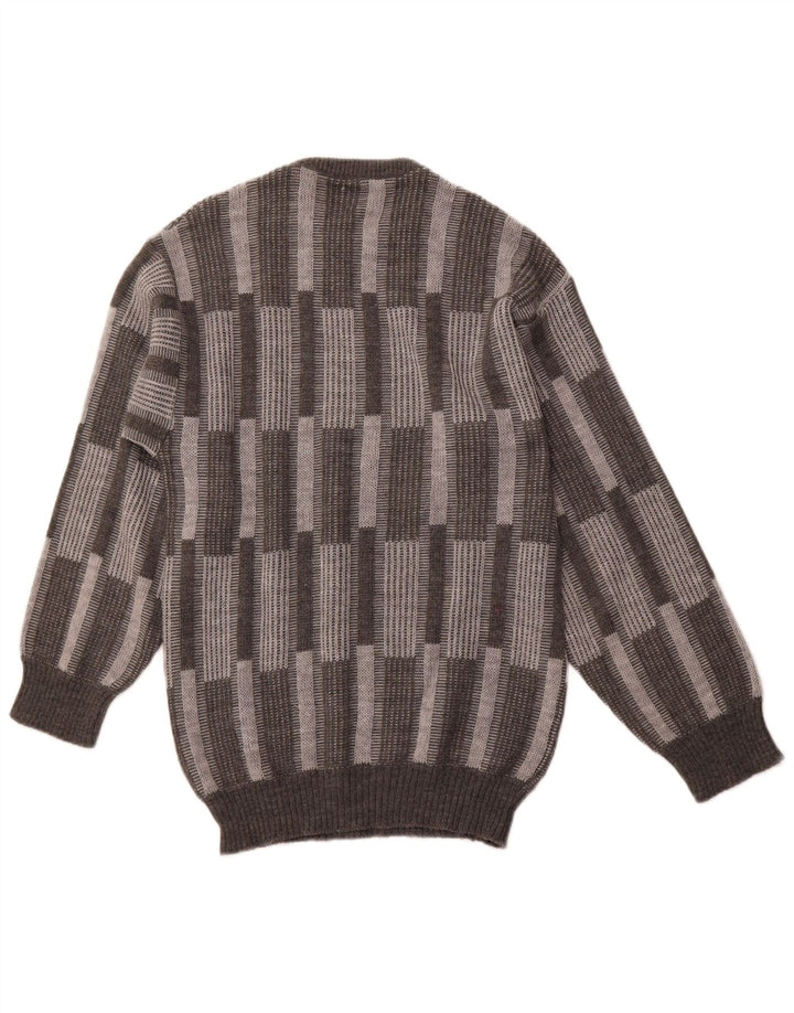 VINTAGE Mens Crew Neck Jumper Sweater IT 52 Grand Acrylique Géométrique Gris