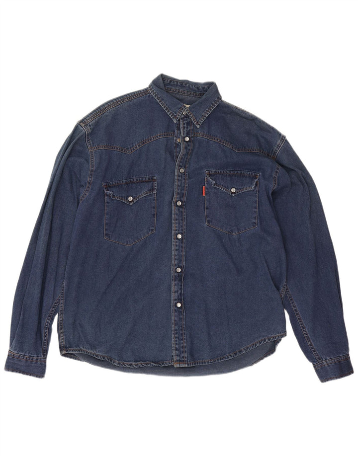 vintage Mens Loose Fit Denim Shirt Moyen Bleu Coton