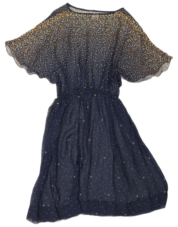 VINTAGE Femmes Batwing Maxi Robe UK 18 XL Bleu Marine Spotted Acétate