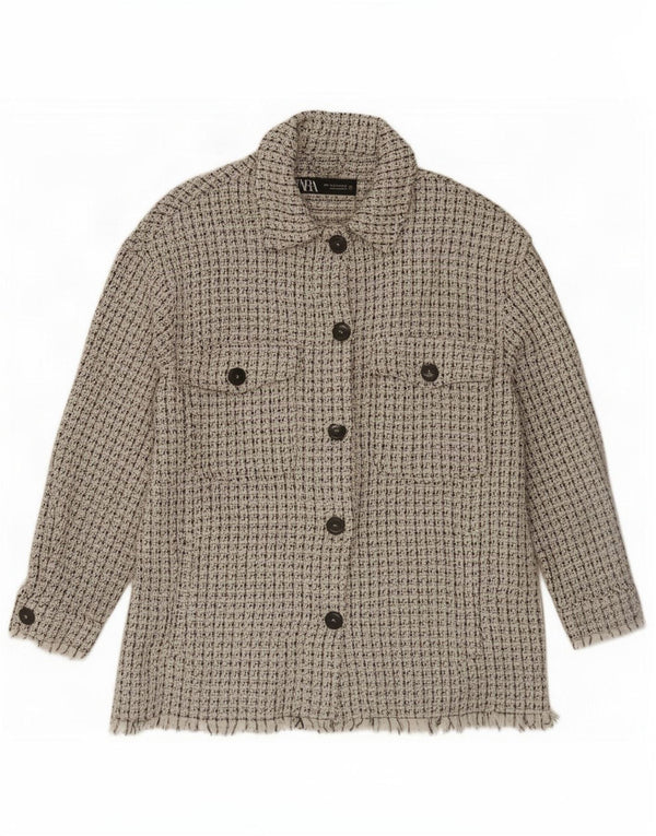 Zara Womens Shacket Jacket UK 14 Moyen Blanc Moucheté Coton