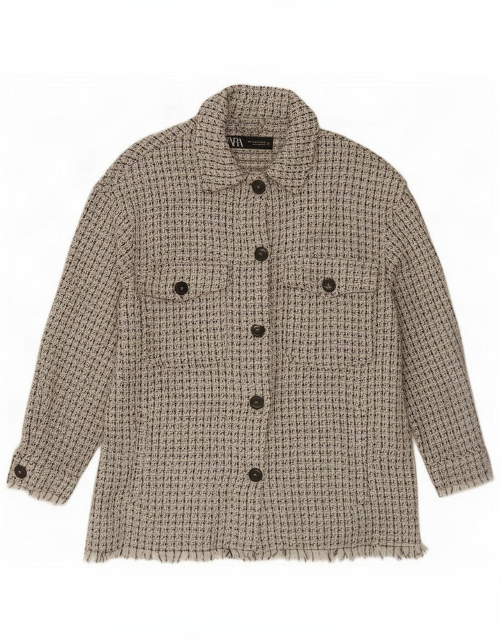 Zara Womens Shacket Jacket UK 14 Moyen Blanc Moucheté Coton
