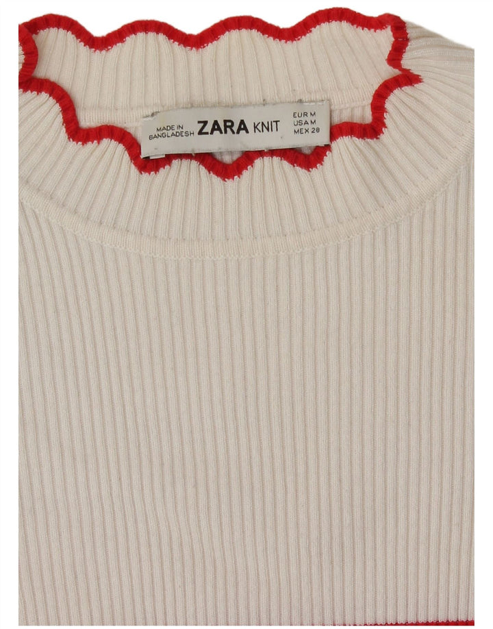 Zara Womens Crop Top Manches Longues UK 12 Moyen Blanc Rayé