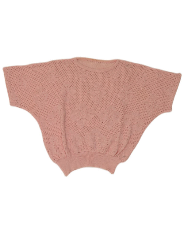 vintage Femmes Batwing Crew Neck Jumper Pull UK 14 Moyen Rose Floral