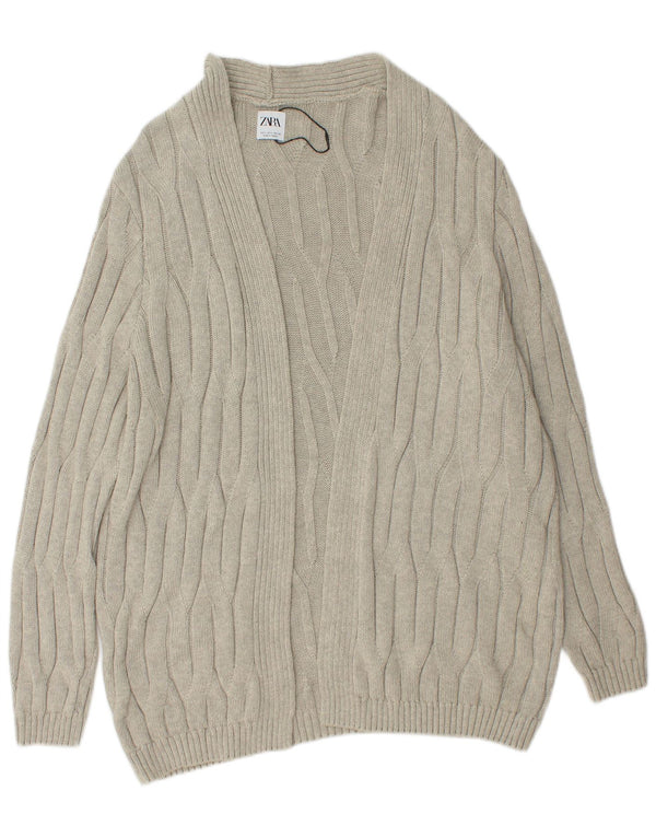 Zara Womens Longline Open Cardigan Sweater UK 16 Large Gris Coton