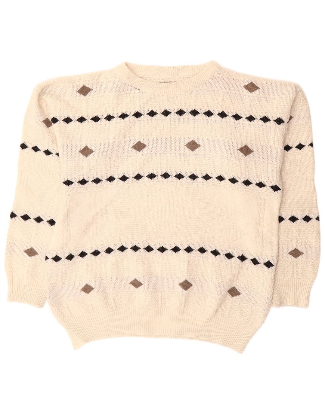 vintage Mens Crew Neck Jumper Pull XL Blanc Argyle/Diamant