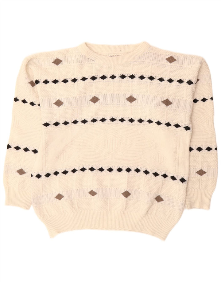 vintage Mens Crew Neck Jumper Pull XL Blanc Argyle/Diamant