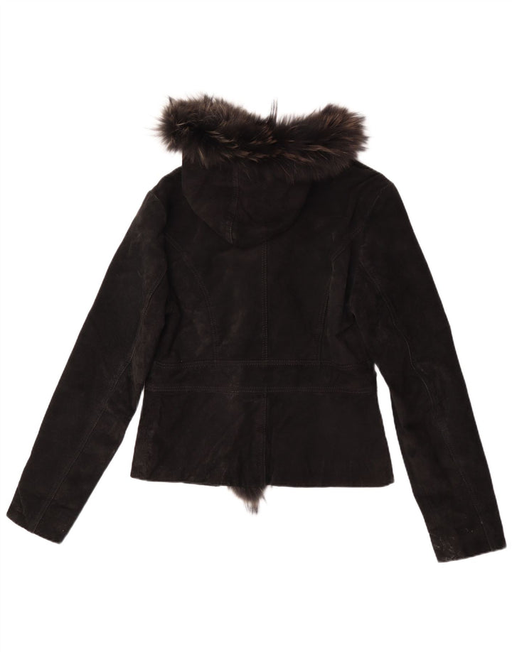 veste en daim à capuche femme vintage UK 14 Grand cuir noir
