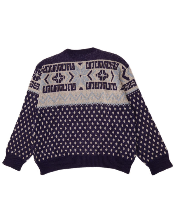 vintage Mens Crew Neck Jumper Pull Moyen Bleu Marine Géométrique