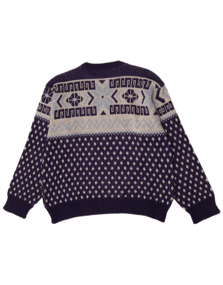 vintage Mens Crew Neck Jumper Pull Moyen Bleu Marine Géométrique