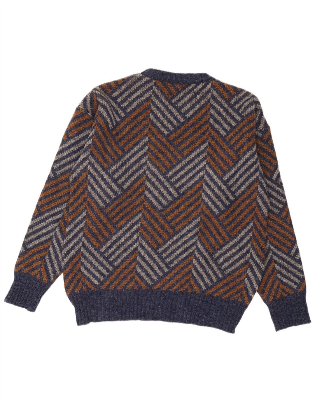 vintage Mens Crew Neck Jumper Pull Grande laine Chevron multicolore