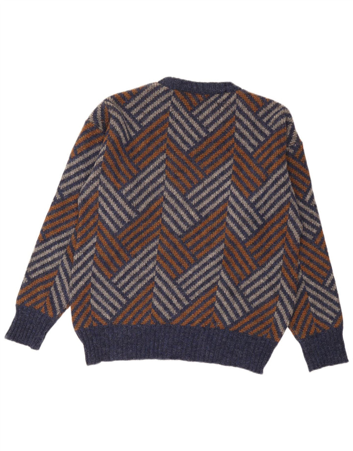 vintage Mens Crew Neck Jumper Pull Grande laine Chevron multicolore