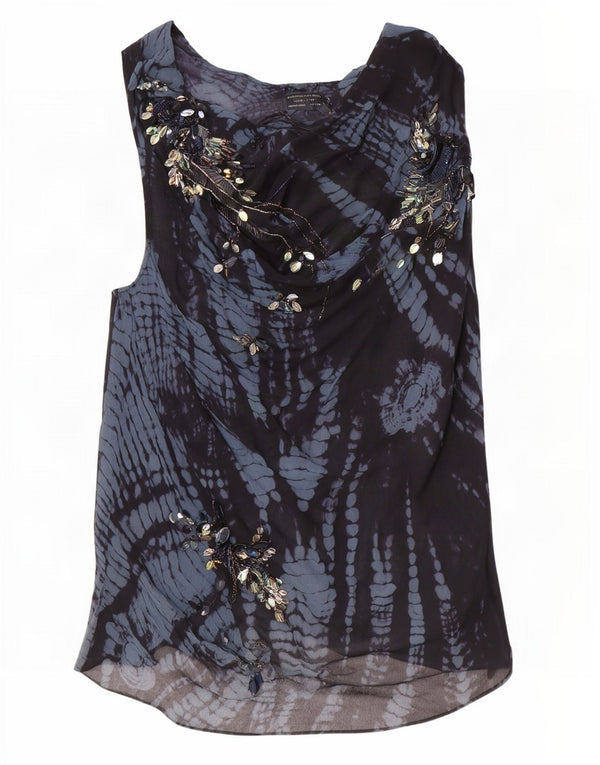All Saints Haut chemisier sans manches pour femme UK 10 Petite soie géométrique bleue