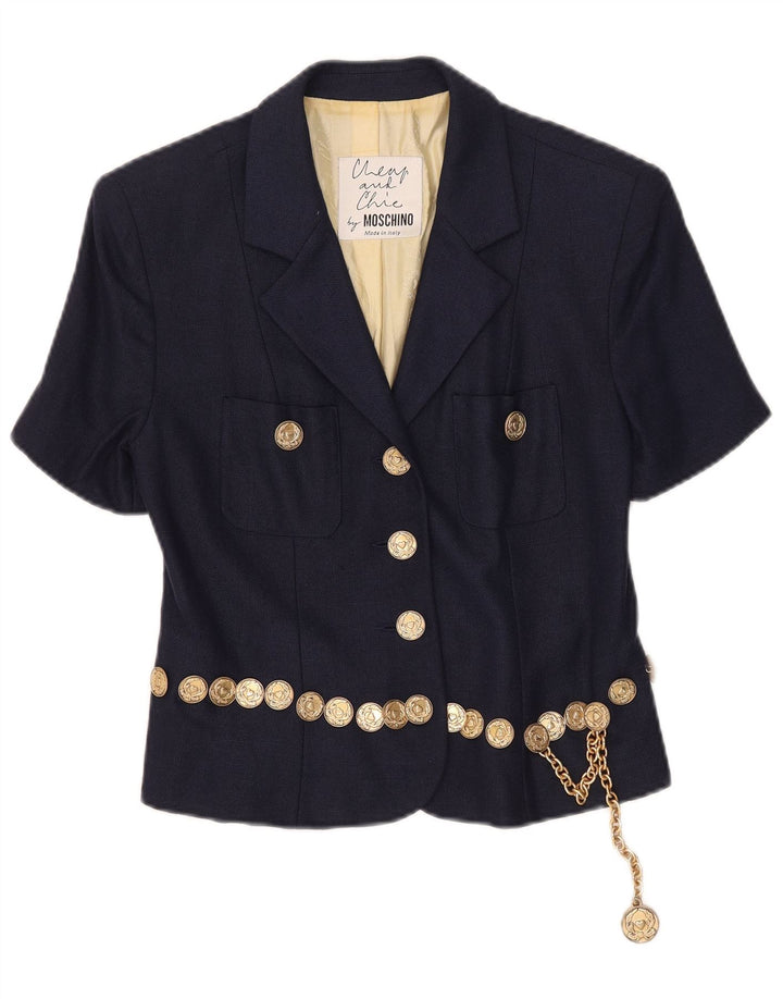 Moschino Veste blazer à 3 boutons à manches courtes pour femme UK 14 Large Bleu marine