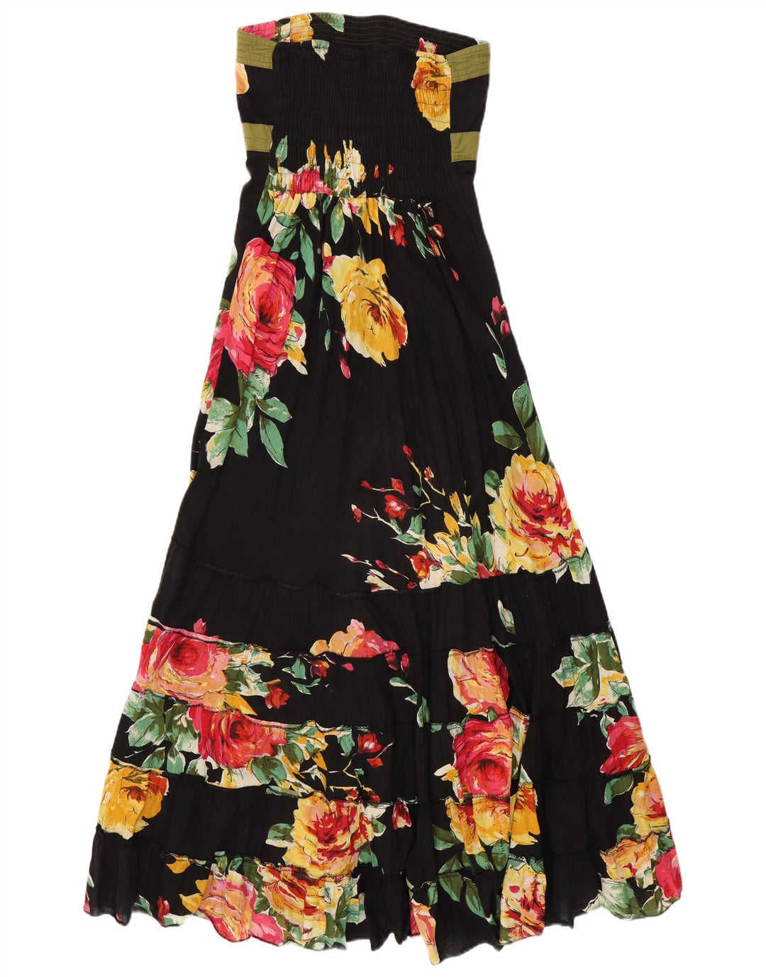 VINTAGE Femme Maxi Robe Bustier UK 14 Coton Floral Noir Moyen