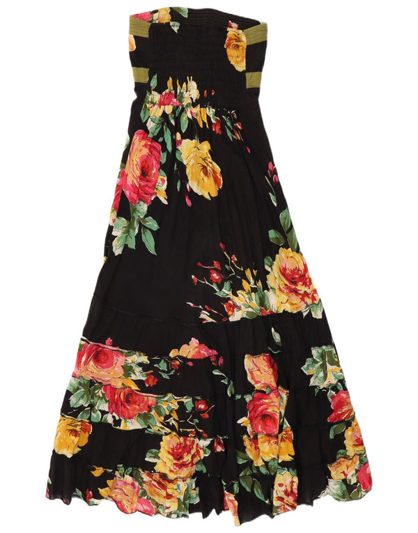 VINTAGE Femme Maxi Robe Bustier UK 14 Coton Floral Noir Moyen