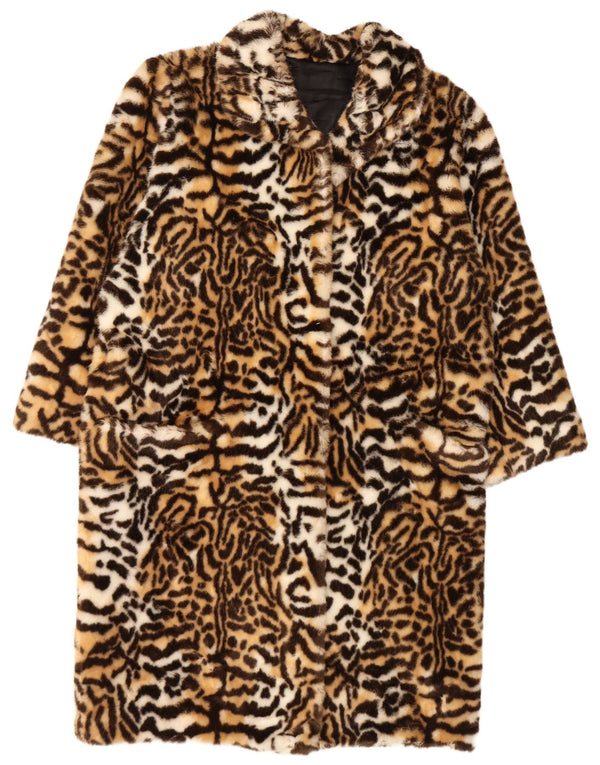 vintage Femmes Fausse Fourrure Surdimensionné Pardessus IT 44 Medium Brown Animal Print