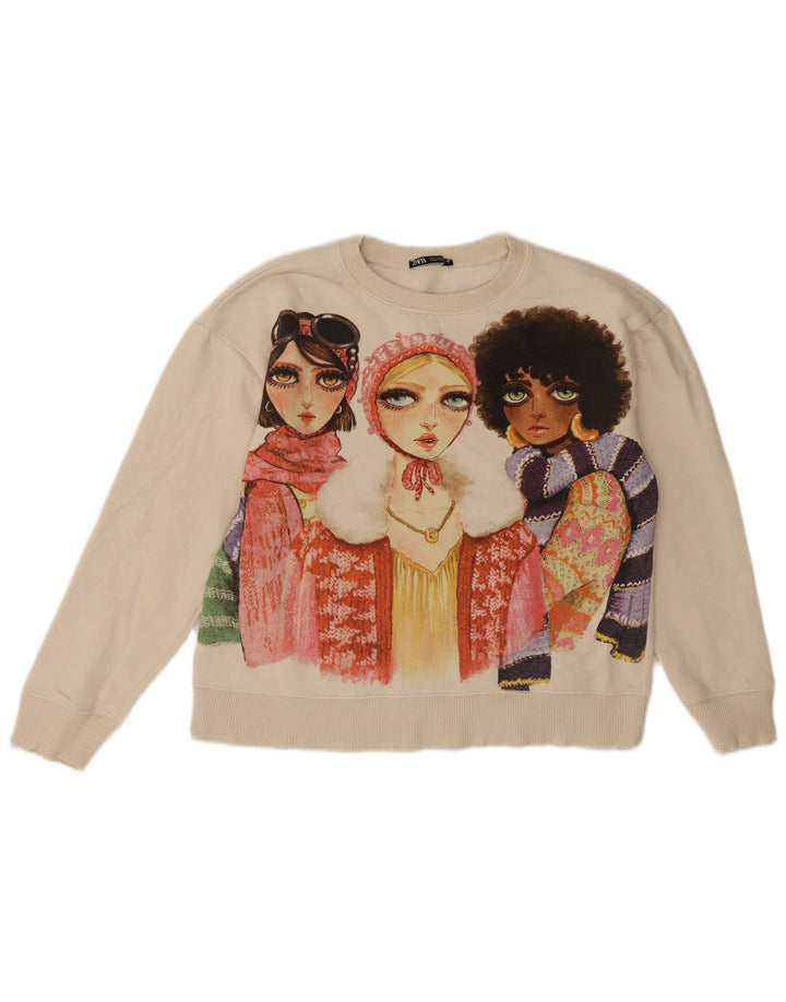 Zara Sweat-shirt surdimensionné graphique pour femme UK 10 Small Blanc cassé