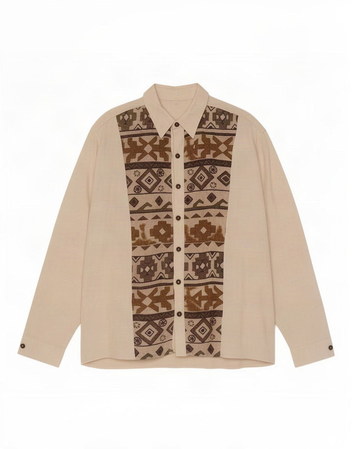 Chemise Homme Vintage Grand Lin Géométrique Blanc Cassé
