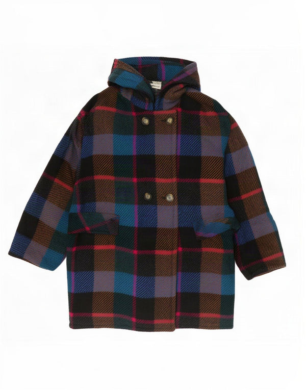 vintage Femmes À Capuche Double Breasted Coat EU 44 XL Plaid Multicolore