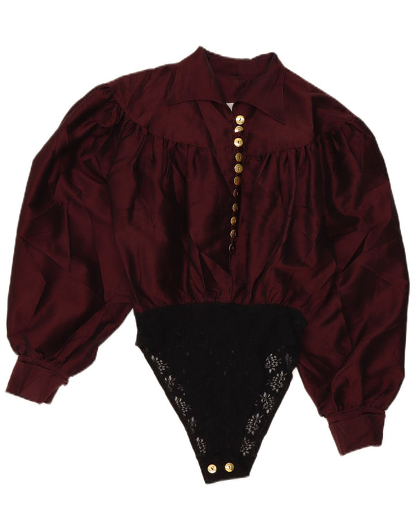 vintage Femme Chemise à manches longues Body UK 16 Grand Burgundy Colourblock
