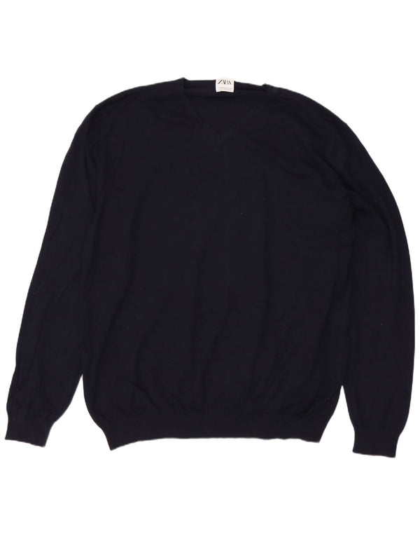ZARA Pull col V pour homme 2XL Bleu marine Viscose
