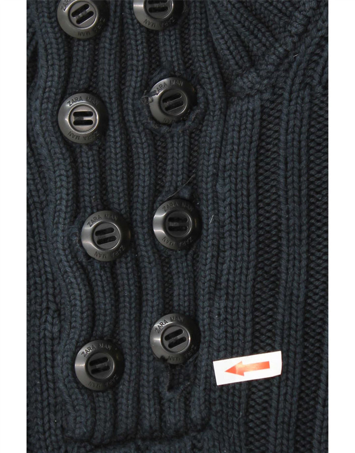 Zara Pull à col boutonné pour homme en coton bleu marine Large