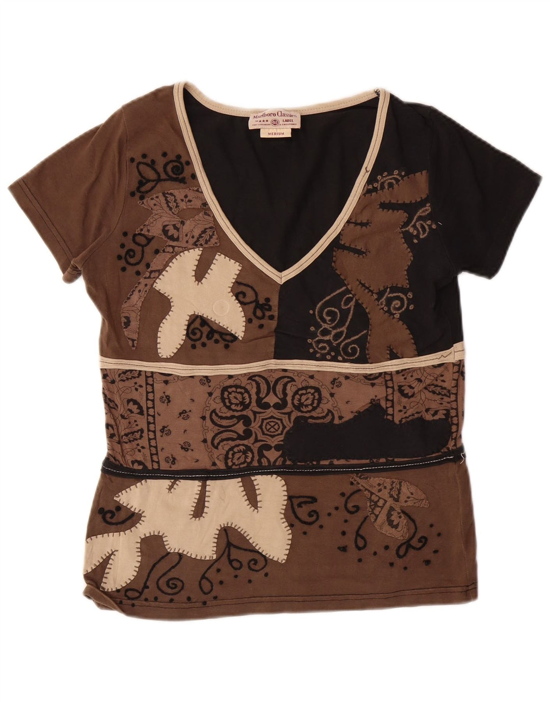 MARLBORO CLASSICS T-Shirt Femme Top UK 12 Marron Moyen Paisley Coton