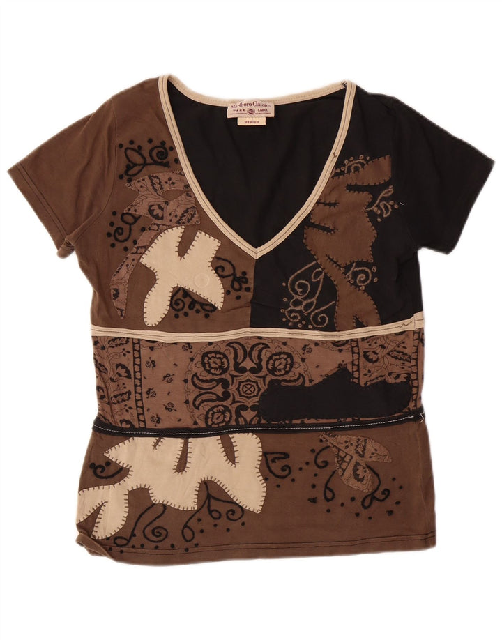MARLBORO CLASSICS T-Shirt Femme Top UK 12 Marron Moyen Paisley Coton