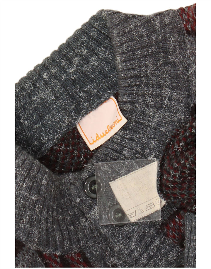 vintage Mens Cardigan Pull Moyen Gris Plaid Acrylique